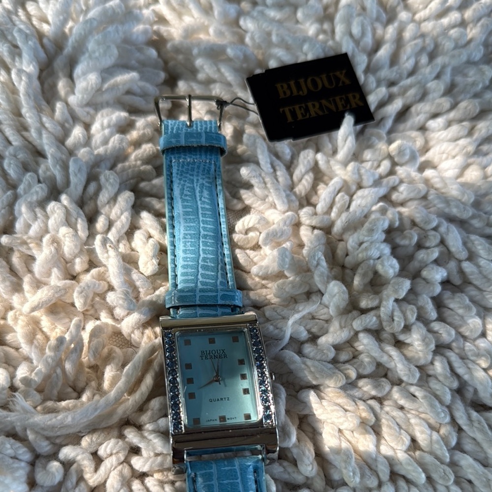 New BIJOUX TERNER Blue Silver Blue Tint Crystal Frame Leather Watch - Picture 2 of 10